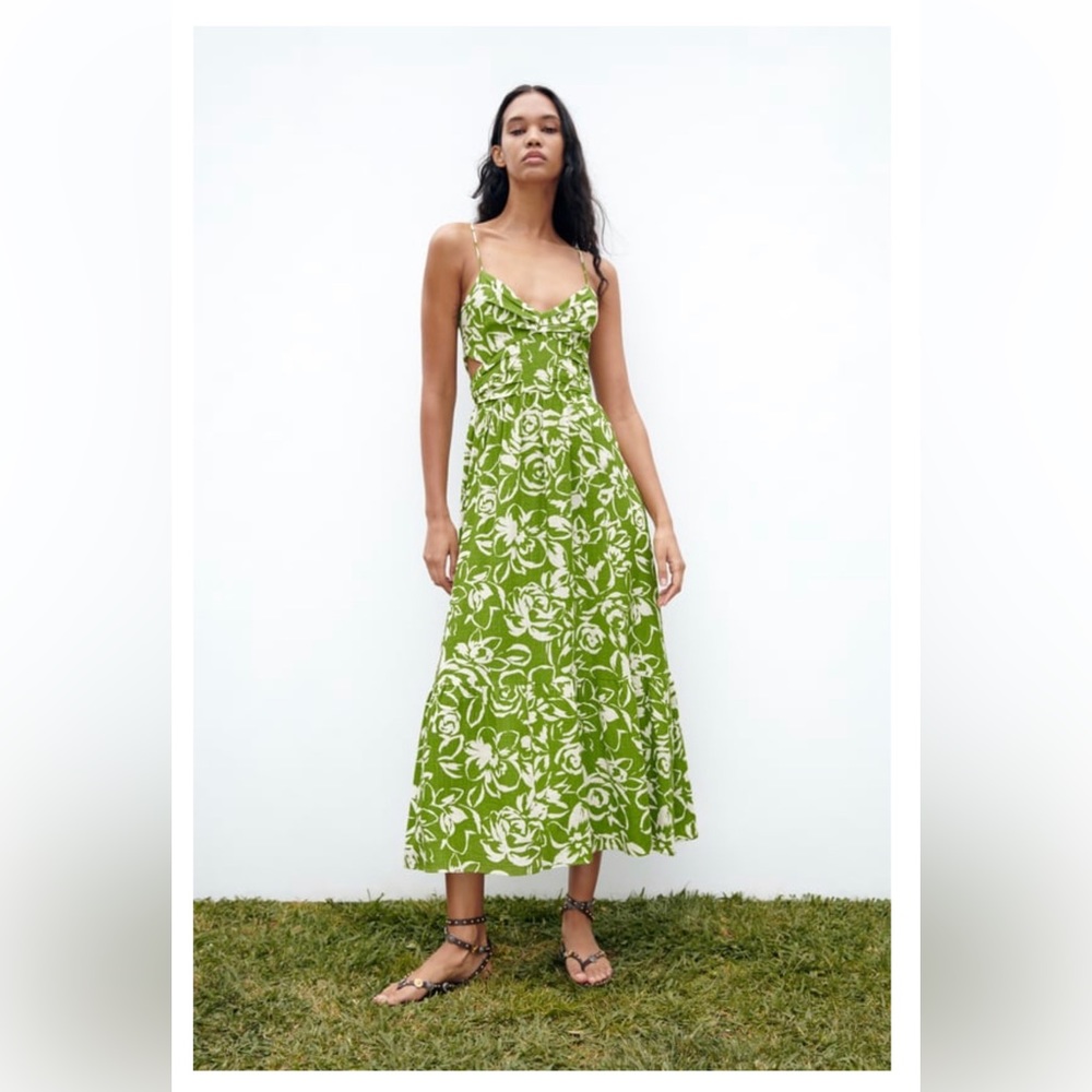 Zara Cut Out Printed Midi Dress (Green)